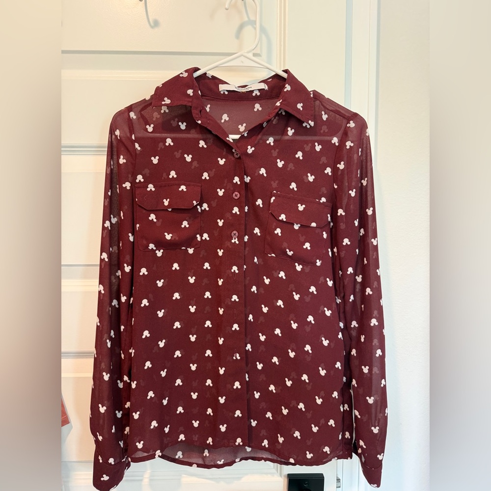 Disney Women’s Maroon Button-Down Shirt with White Mickey Print